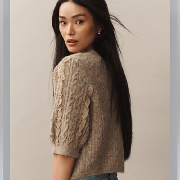 NEW Maeve Short-Sleeve Embellished Ruffled Cardigan Sweater - Picture 2 of 13